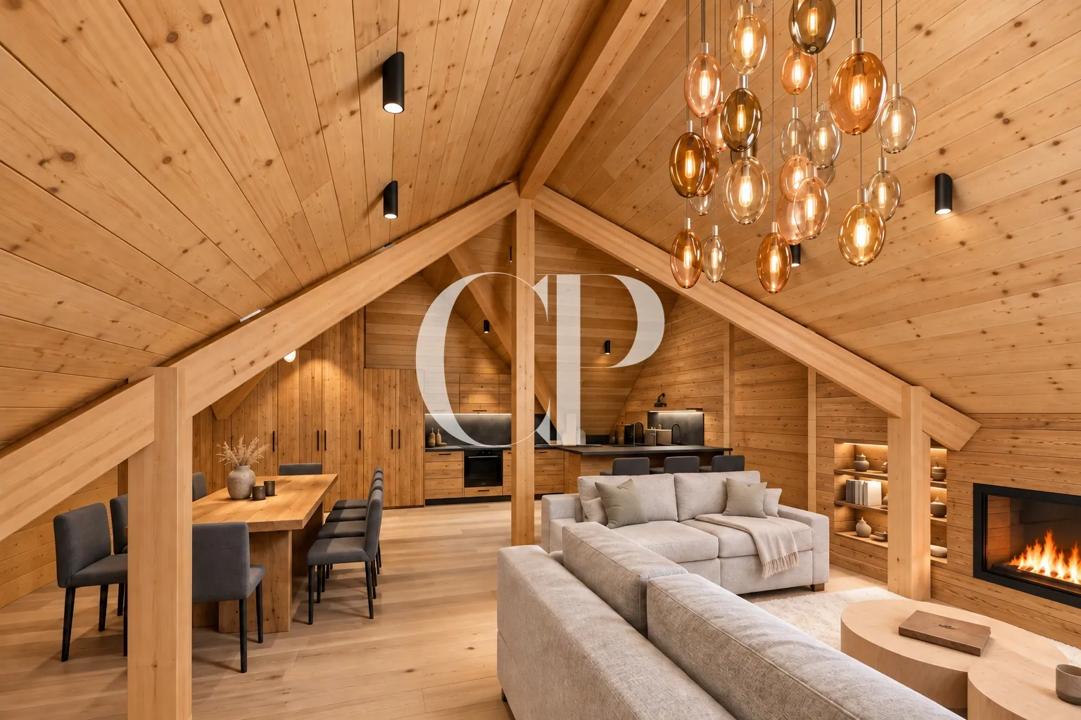 Le penthouse du Monde des Neiges : le séjour sous la charpente, cheminée et lustre de verre soufflé