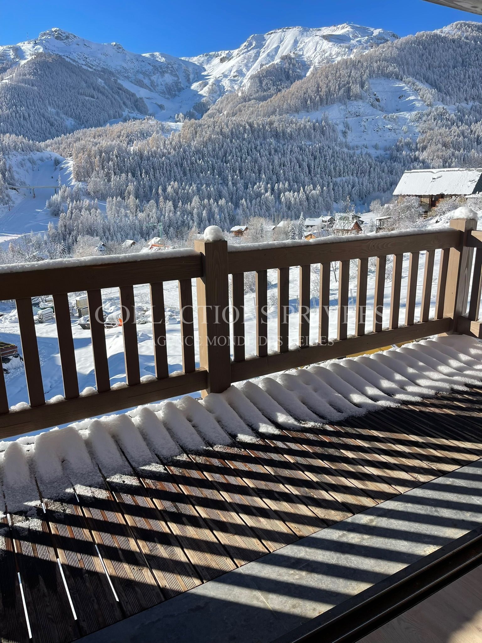 Terrasse chalet Auron vue panoramique montagnes enneigées