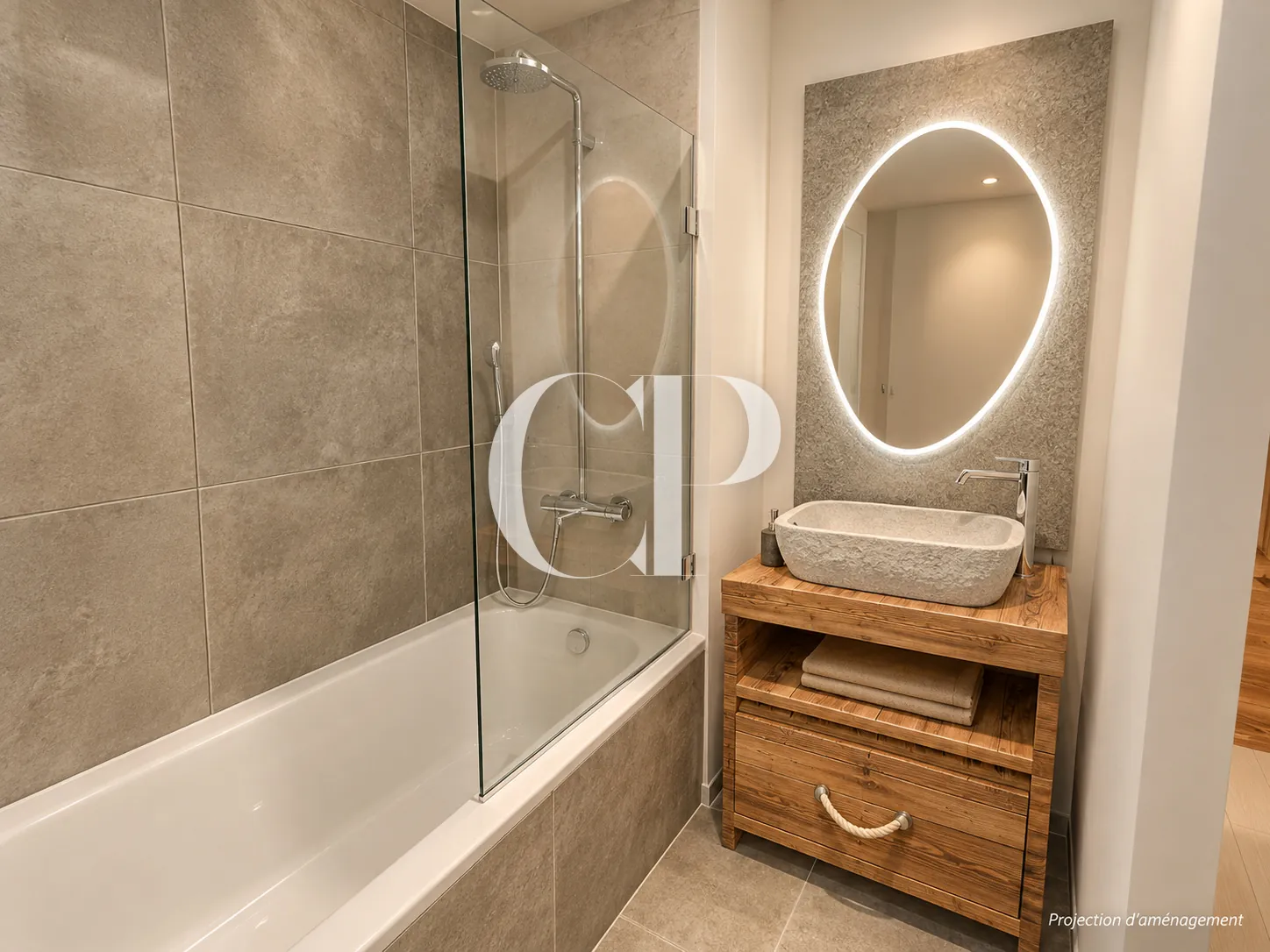 The bathroom: bathtub, stone basin, lit mirror